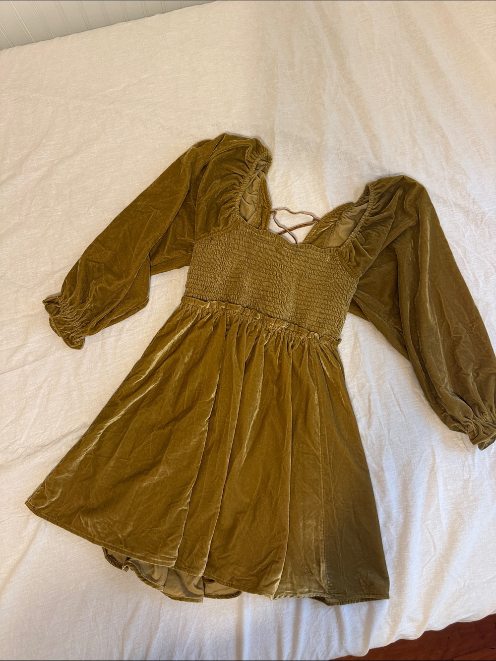 Free People Olive Green Velvet Smocked Mini Dress
